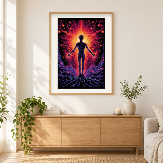 Psychedelische Energie-Diamantkunst als gerahmtes Diamond Painting im Wohnzimmer
