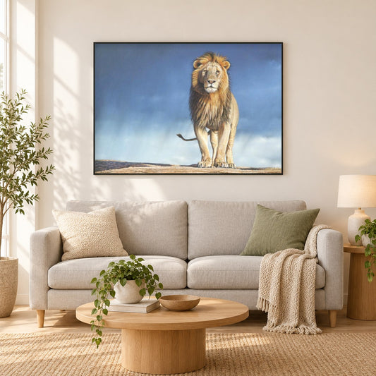 Regenmacher - Kunst des Eric Wilson als gerahmtes Diamond Painting im Wohnzimmer