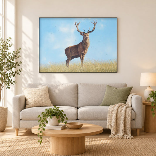 Rotwild -  Kunst des Eric Wilson als gerahmtes Diamond Painting im Wohnzimmer