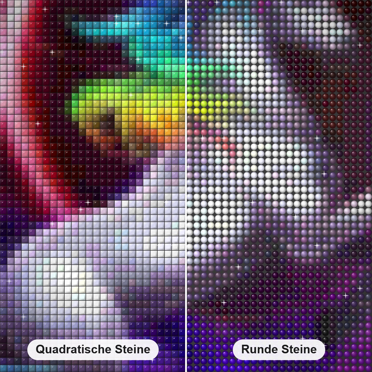 Regenbogen Einhorn Diamond Painting Nahaufnahme mit quadratischen und runden Steinen