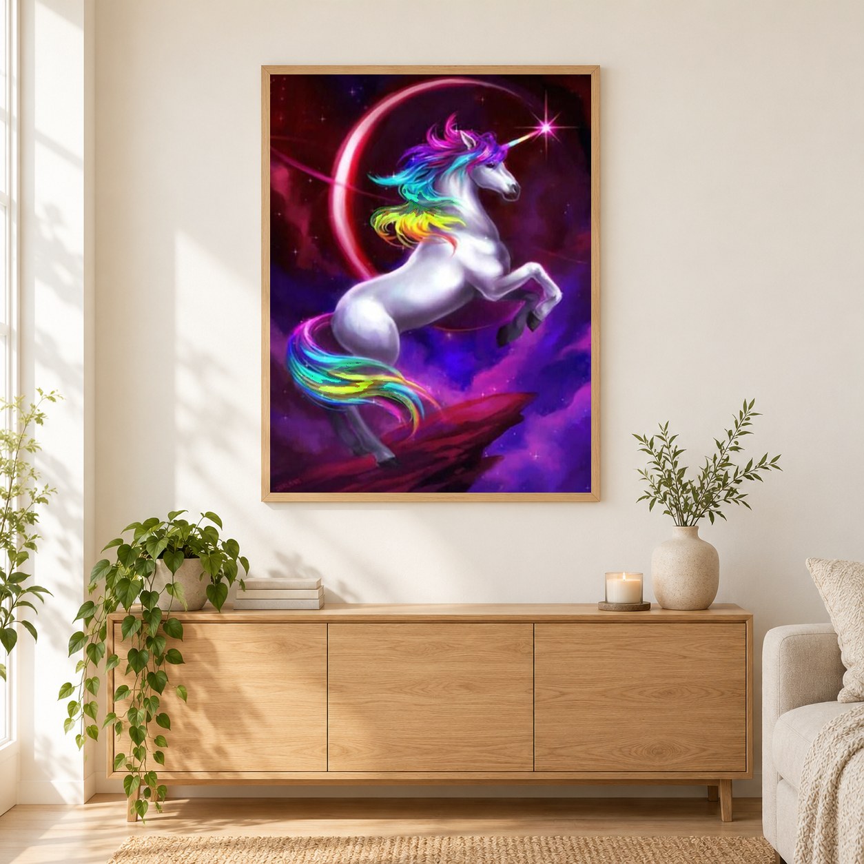 Regenbogen Einhorn als gerahmtes Diamond Painting im Wohnzimmer