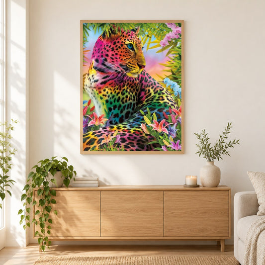 Regenbogen Leopard & Blumen. als gerahmtes Diamond Painting im Wohnzimmer