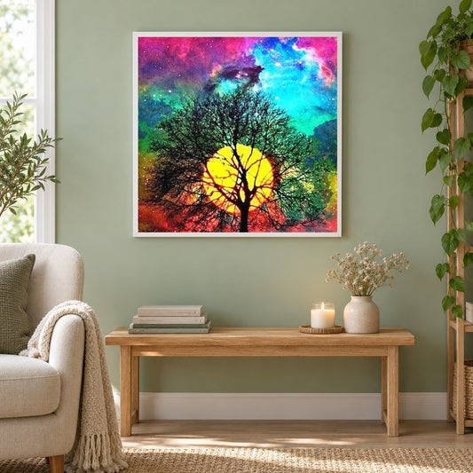 Regenbogen Nachthimmel als gerahmtes Diamond Painting im Wohnzimmer