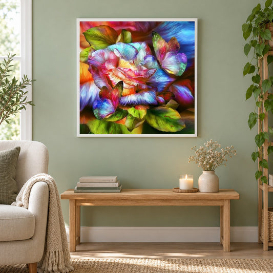 Regenbogen Schmetterlinge & Rose als gerahmtes Diamond Painting im Wohnzimmer