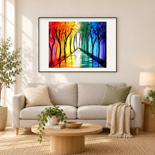 Regenbogenbäume als gerahmtes Diamond Painting im Wohnzimmer