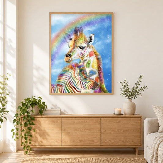 Regenbogengiraffe & Zebra als gerahmtes Diamond Painting im Wohnzimmer