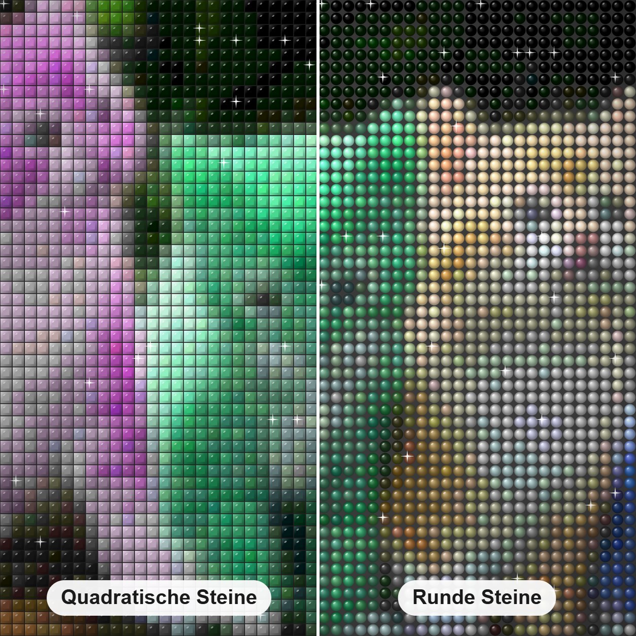 Regenbogenkätzchen Diamond Painting Nahaufnahme mit quadratischen und runden Steinen