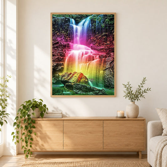 Regenbogenwasserfall als gerahmtes Diamond Painting im Wohnzimmer