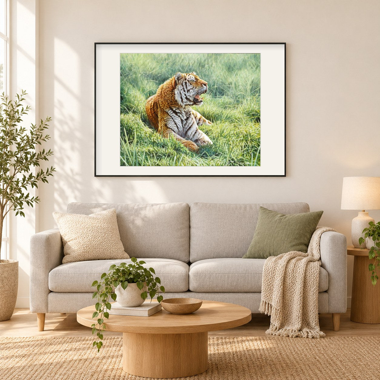 Ruhender Tiger -  Kunst des Eric Wilson als gerahmtes Diamond Painting im Wohnzimmer