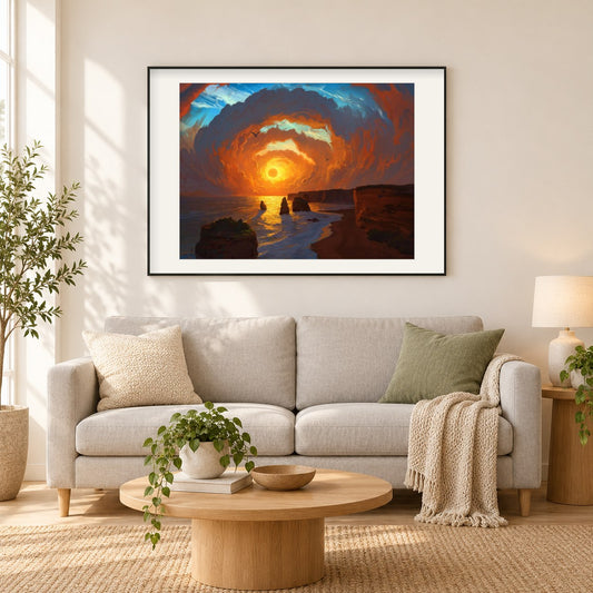 Rhads Strandkunst als gerahmtes Diamond Painting im Wohnzimmer