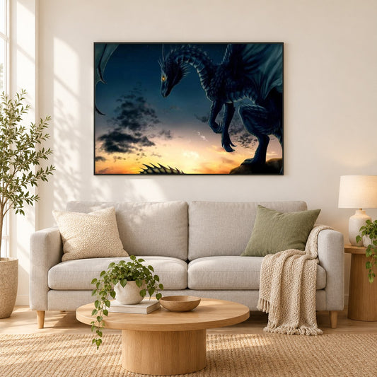 Riesiger blauer Drache als gerahmtes Diamond Painting im Wohnzimmer