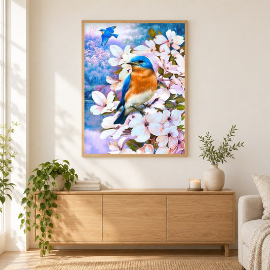 Rosa Blumen u. Blaues Vogelpaar als gerahmtes Diamond Painting im Wohnzimmer