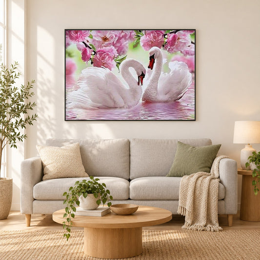 Rosa Blumen und Schwäne im See als gerahmtes Diamond Painting im Wohnzimmer