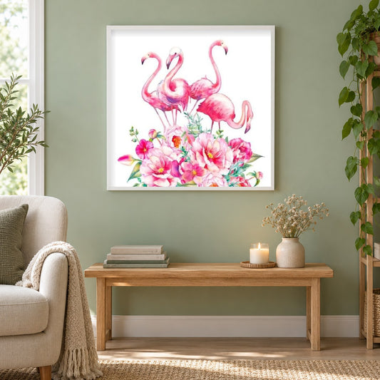 Rosa Flamingos & Blumen als gerahmtes Diamond Painting im Wohnzimmer