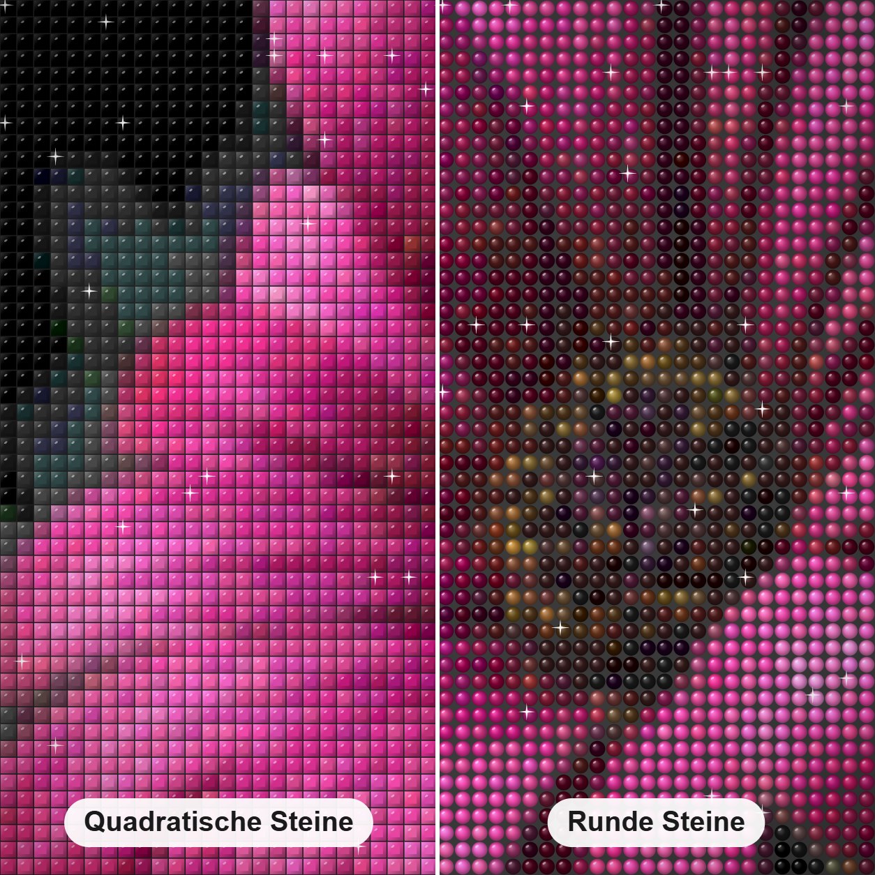 Rosa Gänseblümch Diamond Painting Nahaufnahme mit quadratischen und runden Steinen