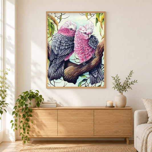 Rosa & graue Kakadus Paar als gerahmtes Diamond Painting im Wohnzimmer