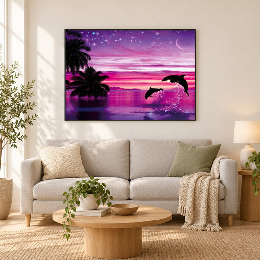 rosa Himmel Ansicht und Delfin paar als gerahmtes Diamond Painting im Wohnzimmer