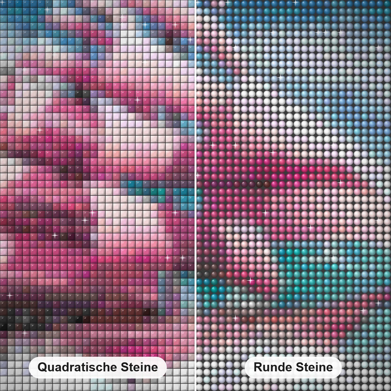 Rosa Schiffsfarbe durch Diamanten Diamond Painting Nahaufnahme mit quadratischen und runden Steinen