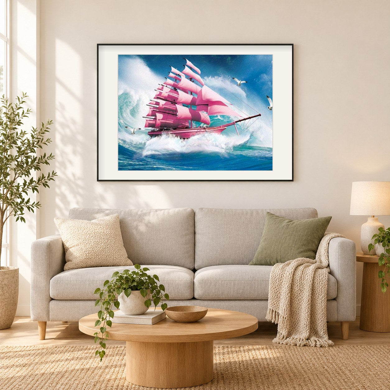 Rosa Schiffsfarbe durch Diamanten als gerahmtes Diamond Painting im Wohnzimmer