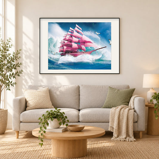 Rosa Schiffsfarbe durch Diamanten als gerahmtes Diamond Painting im Wohnzimmer