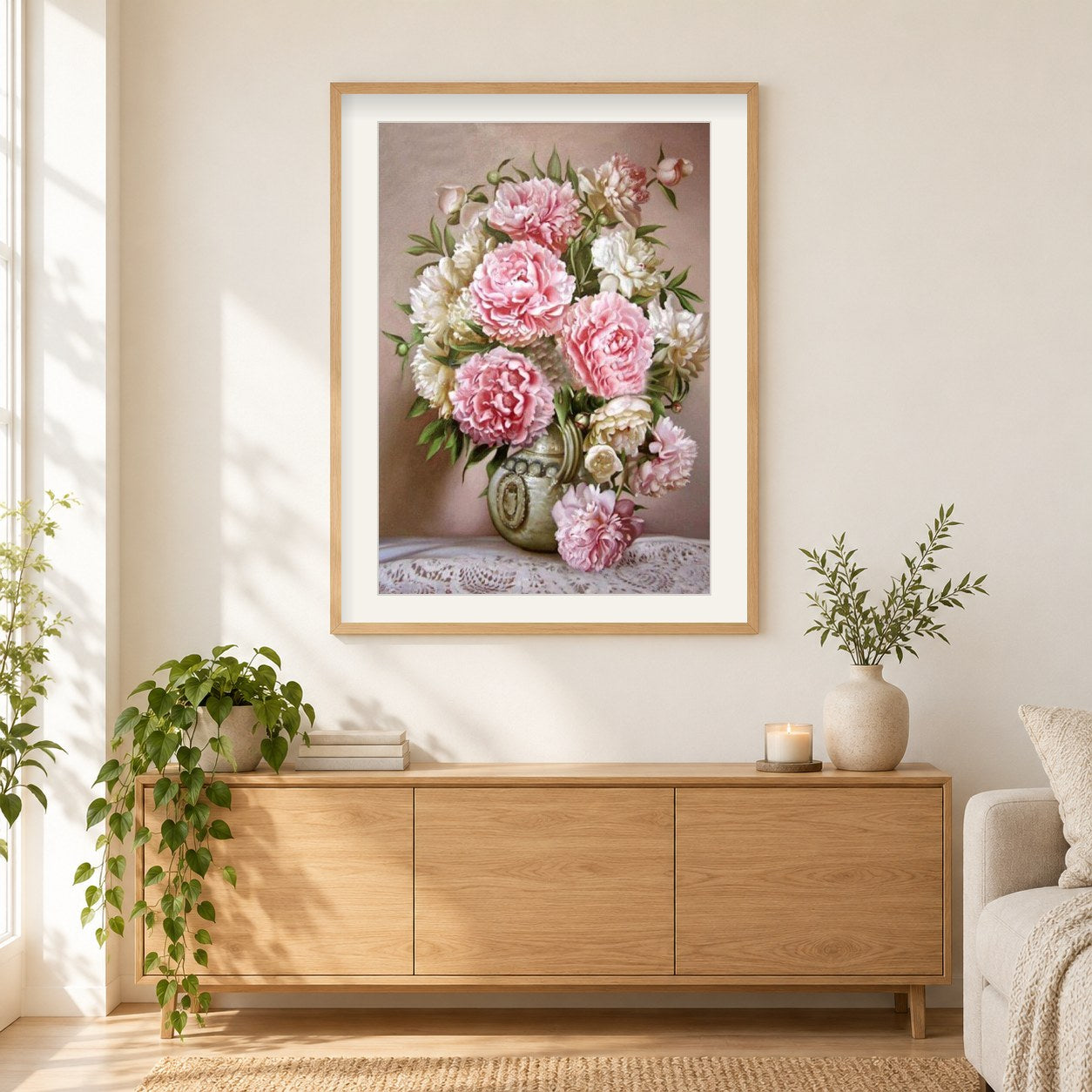 Rosa & weiße Pfingstrose als gerahmtes Diamond Painting im Wohnzimmer