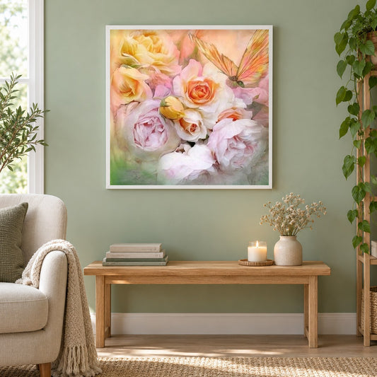 Rosen & Pfingstrosen als gerahmtes Diamond Painting im Wohnzimmer