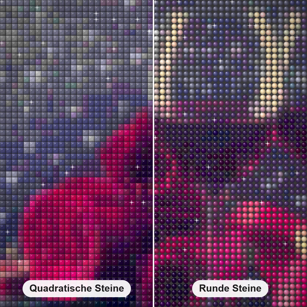 Rosen & Weingläser Diamond Painting Nahaufnahme mit quadratischen und runden Steinen
