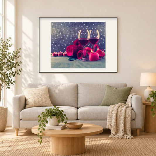 Rosen & Weingläser als gerahmtes Diamond Painting im Wohnzimmer