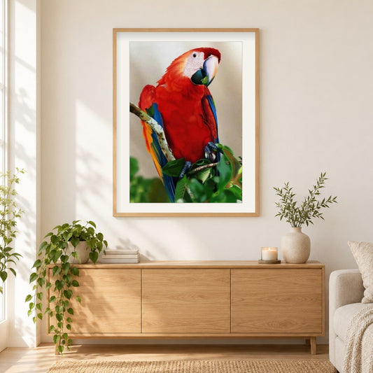roter Papagei als gerahmtes Diamond Painting im Wohnzimmer