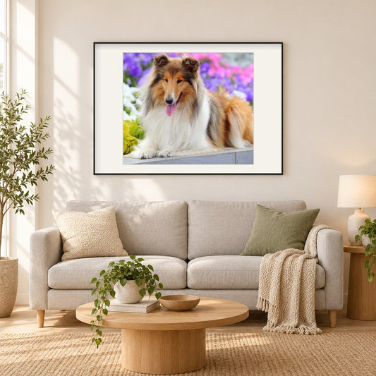 Rough Collie als gerahmtes Diamond Painting im Wohnzimmer