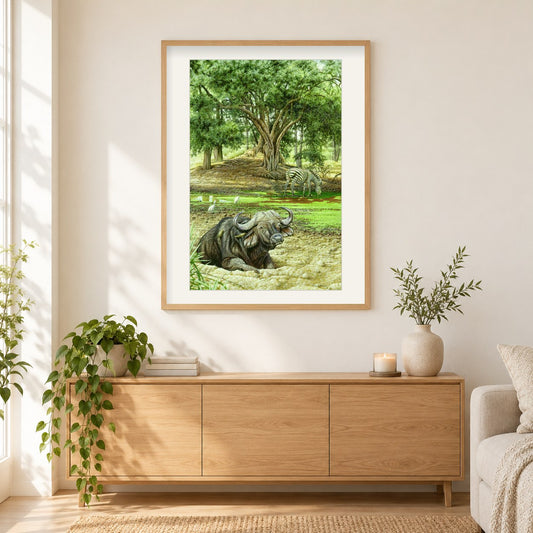Ruckomechi-Büffel -  Kunst des Eric Wilson als gerahmtes Diamond Painting im Wohnzimmer