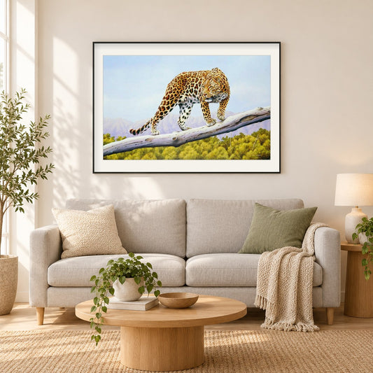 Ruckomechi Leopard - Kunst des Eric Wilson als gerahmtes Diamond Painting im Wohnzimmer