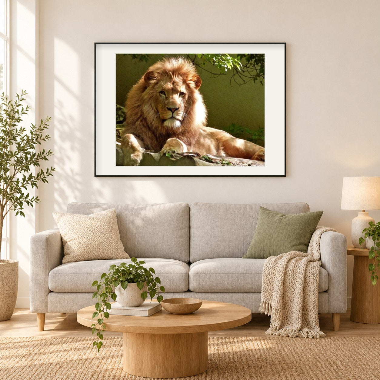 Ruhiger Löwe als gerahmtes Diamond Painting im Wohnzimmer