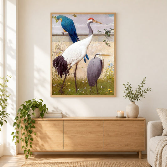 Sandhügelkranich & Papagei als gerahmtes Diamond Painting im Wohnzimmer