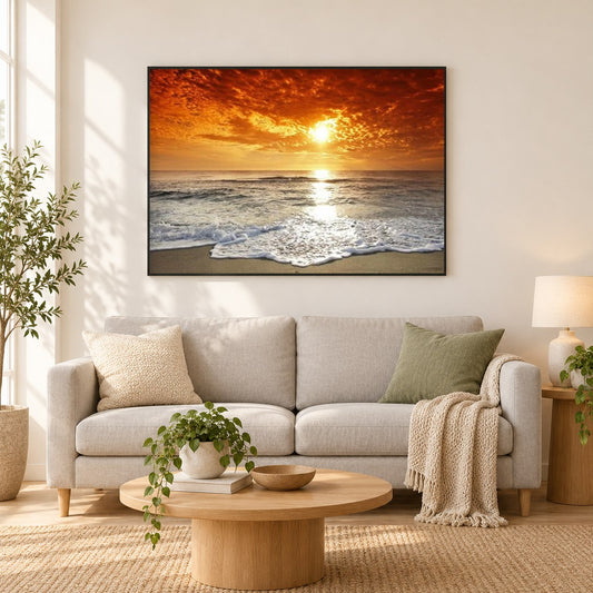 Schaumige Wellen und Sonnenuntergang Himmel als gerahmtes Diamond Painting im Wohnzimmer