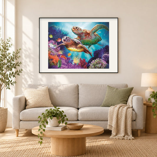Schildkrötenpaar als gerahmtes Diamond Painting im Wohnzimmer