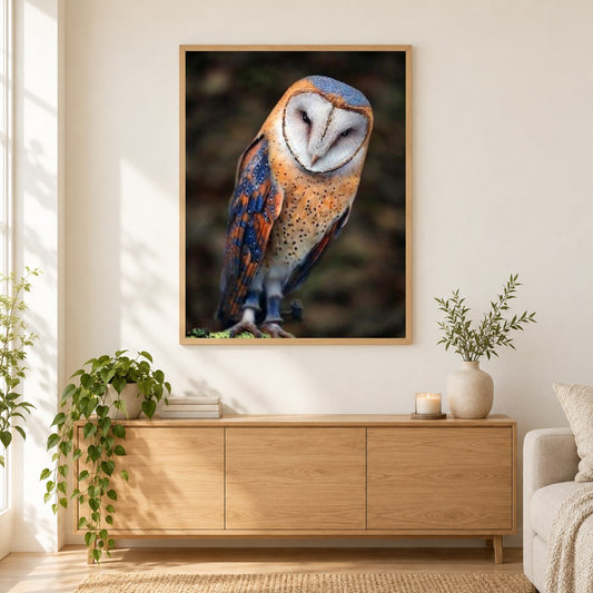 Schleiereule als gerahmtes Diamond Painting im Wohnzimmer
