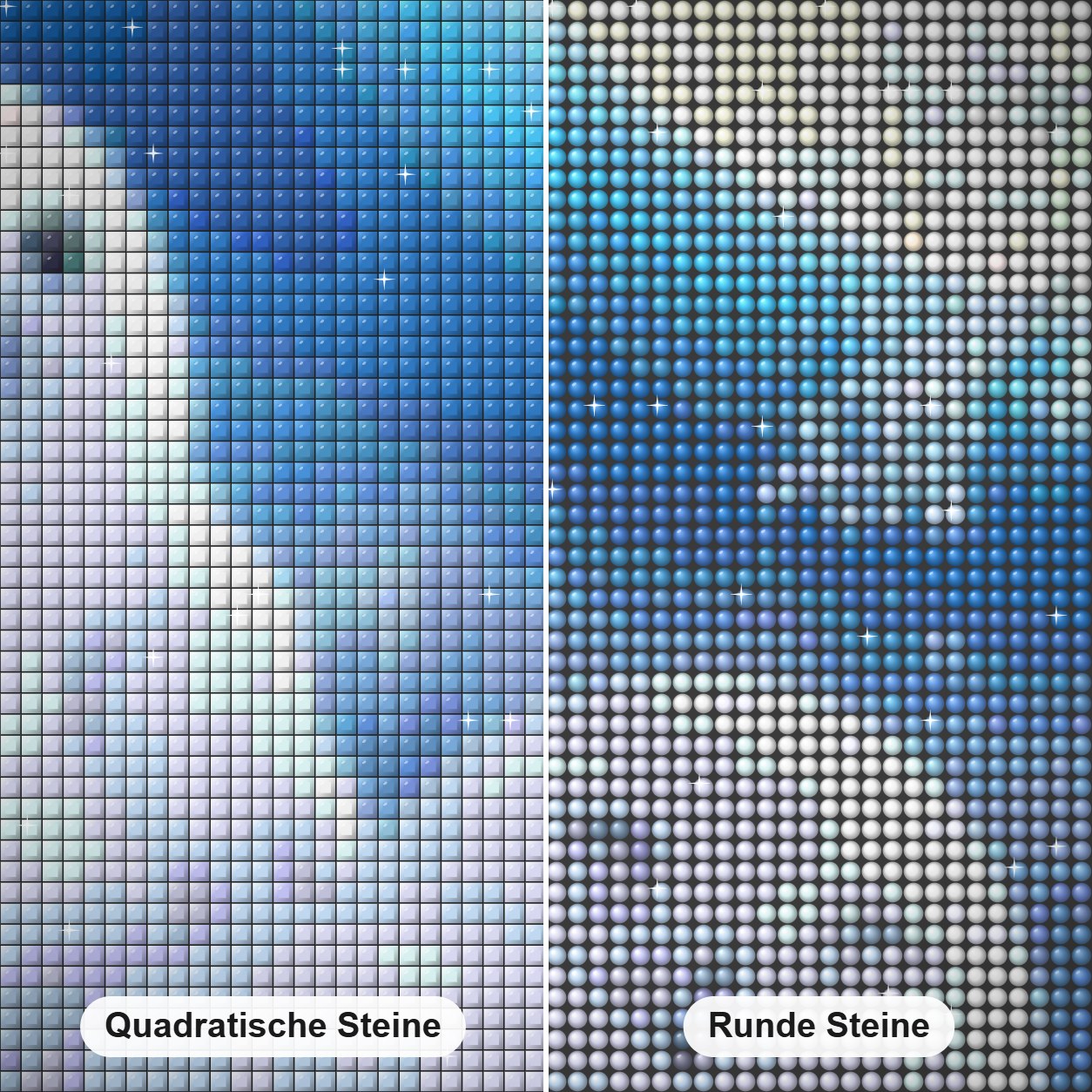 Schneeulen Diamond Painting Nahaufnahme mit quadratischen und runden Steinen