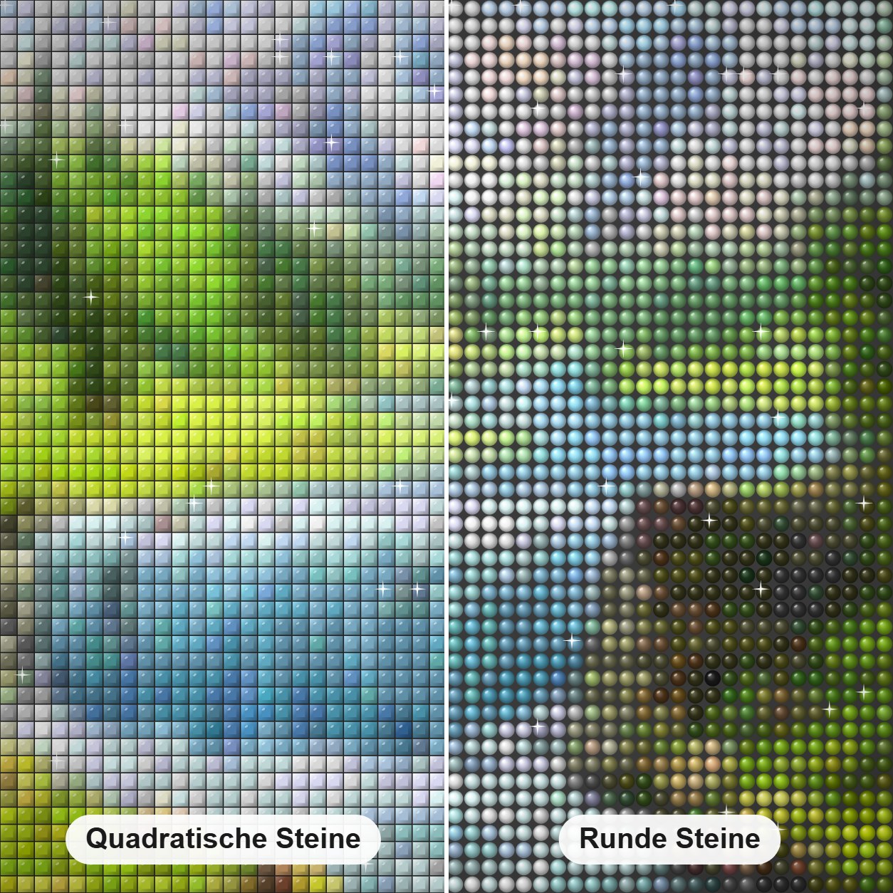 Schöne Berge und fließender Wasser Strom Diamond Painting Nahaufnahme mit quadratischen und runden Steinen