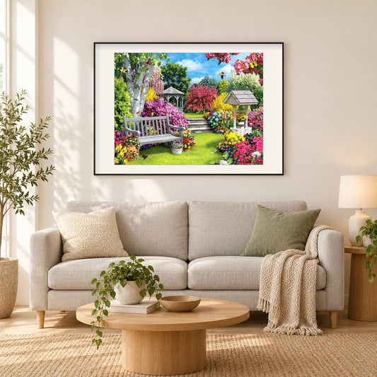 Schöner Blumengarten mit Pavillon als gerahmtes Diamond Painting im Wohnzimmer
