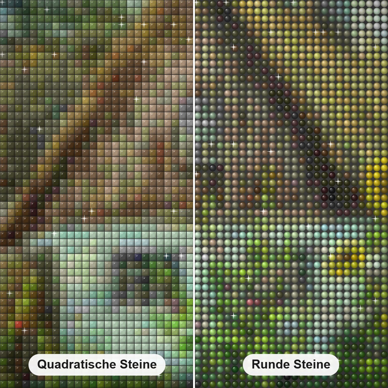 Schöne Hütte & Blumen Diamond Painting Nahaufnahme mit quadratischen und runden Steinen