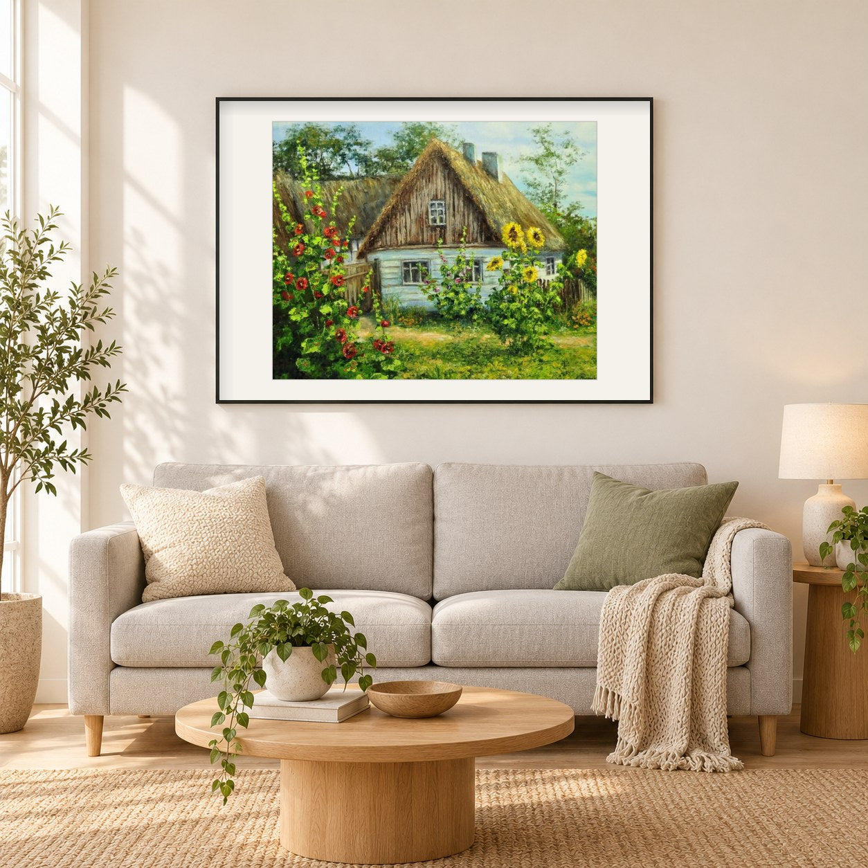 Schöne Hütte & Blumen als gerahmtes Diamond Painting im Wohnzimmer