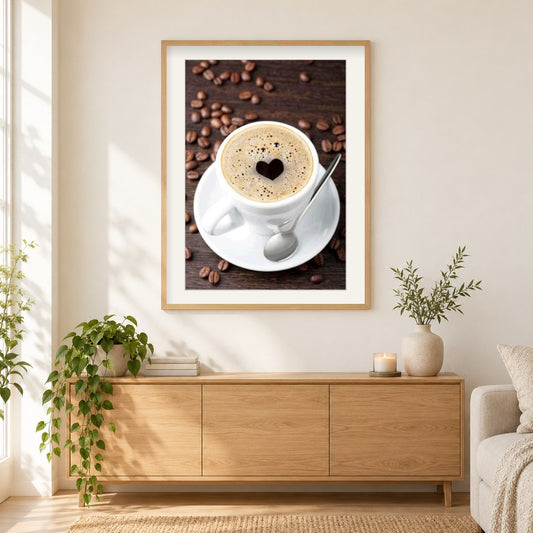 Schöne Kaffeetasse & Bohnen als gerahmtes Diamond Painting im Wohnzimmer