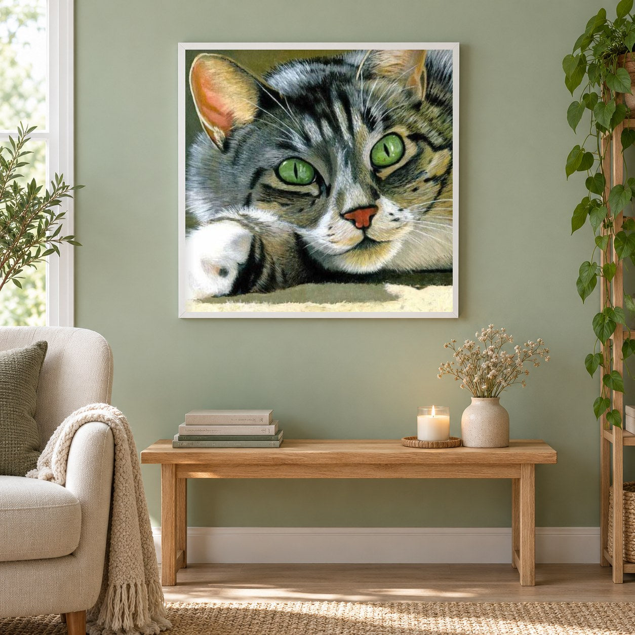 Schöne Katze mit grünen Augen als gerahmtes Diamond Painting im Wohnzimmer