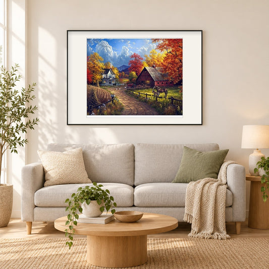 Schöner Bauernhof & Pferde als gerahmtes Diamond Painting im Wohnzimmer