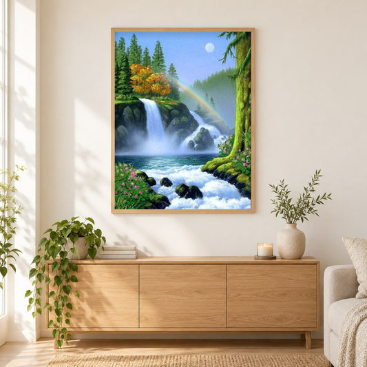 Schöner Regenbogen & Wasserfall als gerahmtes Diamond Painting im Wohnzimmer