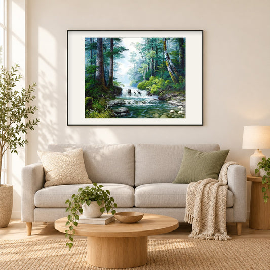 Schöner Waldwasserfall als gerahmtes Diamond Painting im Wohnzimmer