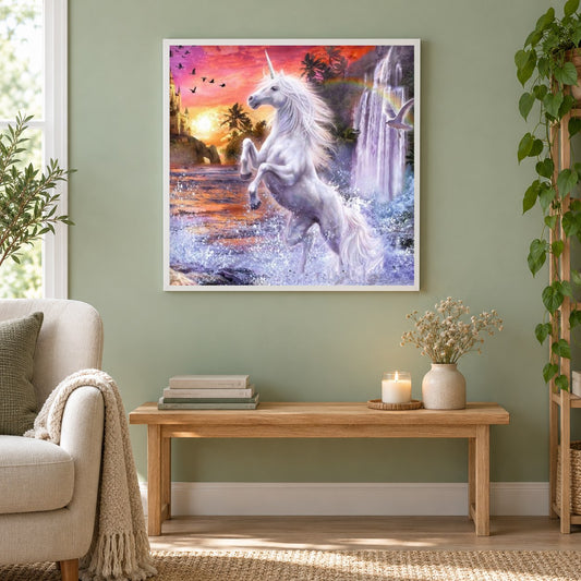 Schöner Wasserfall & Einhorn als gerahmtes Diamond Painting im Wohnzimmer