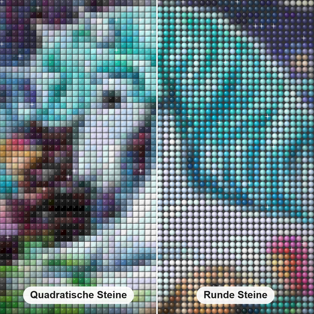 Schönes Einhorn & kleine Feen Diamond Painting Nahaufnahme mit quadratischen und runden Steinen