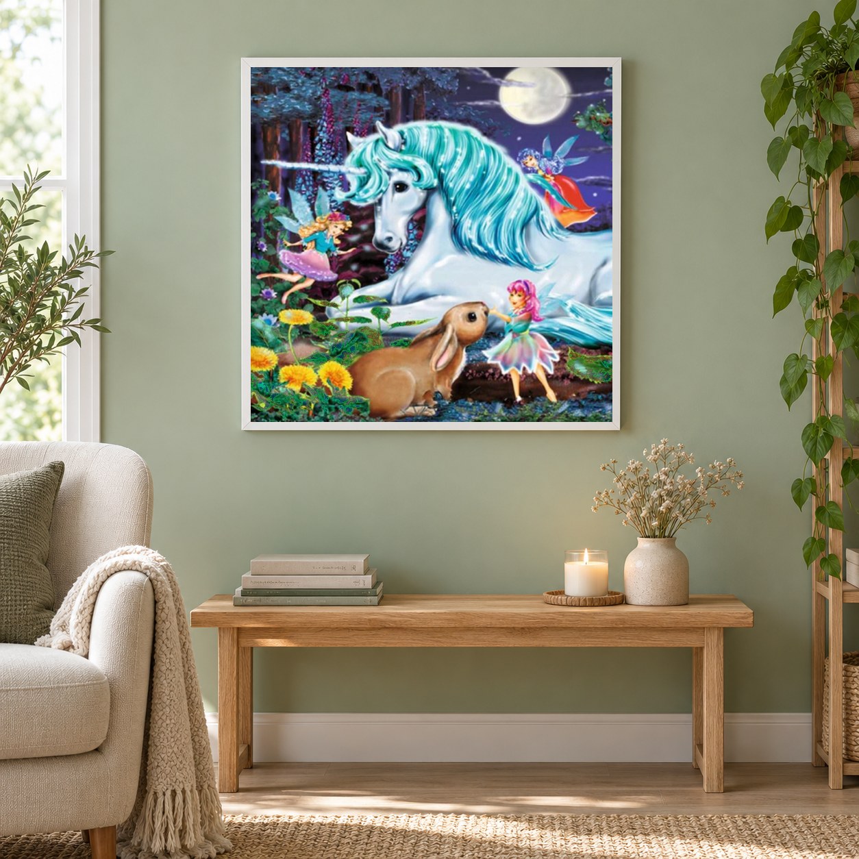 Schönes Einhorn & kleine Feen als gerahmtes Diamond Painting im Wohnzimmer